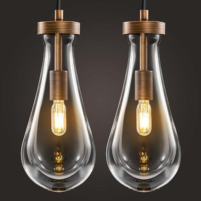 Raindrop Pendant Lights Kitchen Island: Brown Teardrop Hanging Light Set of 2 - Crystal Pendants Light over Dining Table - Durable Raindrops Lights Fixture for Bedroom Kitchen Island Bulbs Included