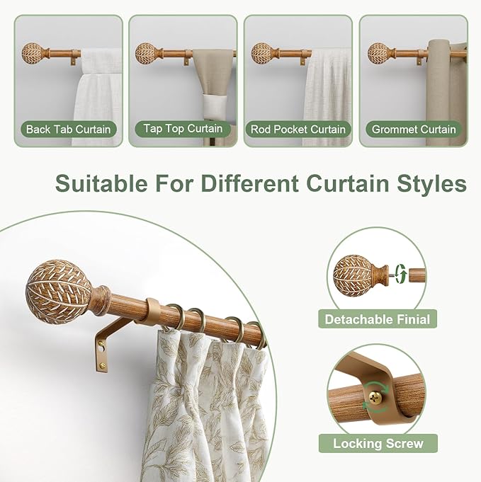 2 Pack Wood Curtain Rods for Windows 48 to 84 Inch,1'' Diameter Drapery Rods with Imitation Wood Grain Leaf Pattern Finials,Boho Adjustable Heavy Duty Curtain Rods Set,36-88'',Color:Natural Wood