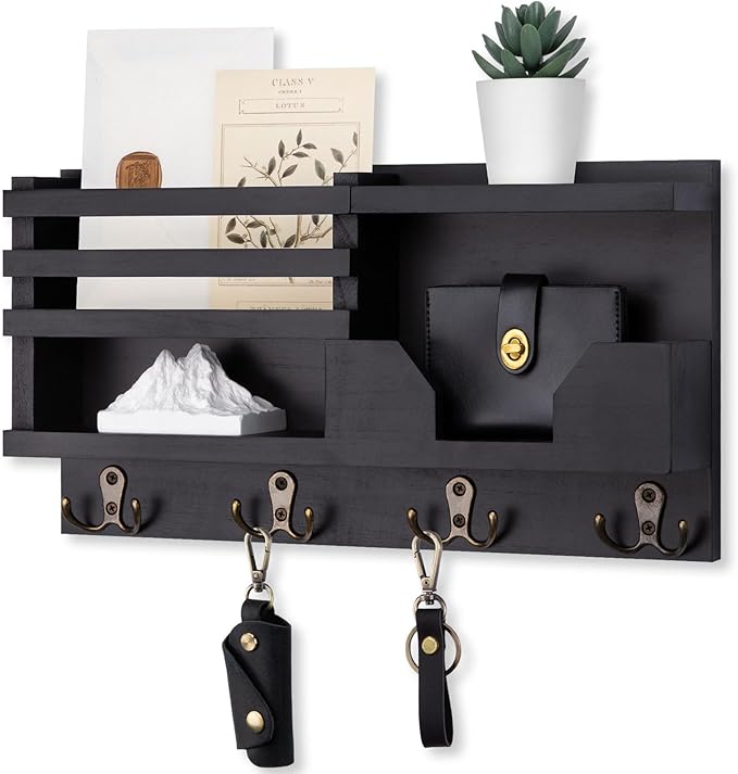 Mail and Key Holder for Wall – Decorative 15.9” x 8.7” x 3.2” Entryway Organizer with Shelf – Paulownia Wood with 4 Dual Hooks Includes Mounting Hardware and Installation Guide