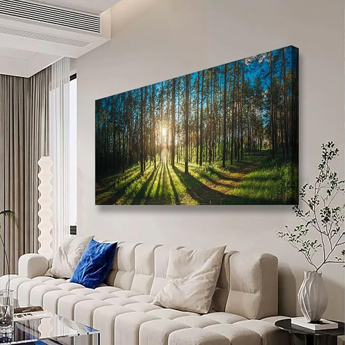 Sunrise Forest Pictures Canvas Wall Art for Living room Office Bedroom Wall Decor,Forest Wall Art Print Paintings Modern Green Nature Landscape Artwork Waterproof Ready to Hang-24x48 inch