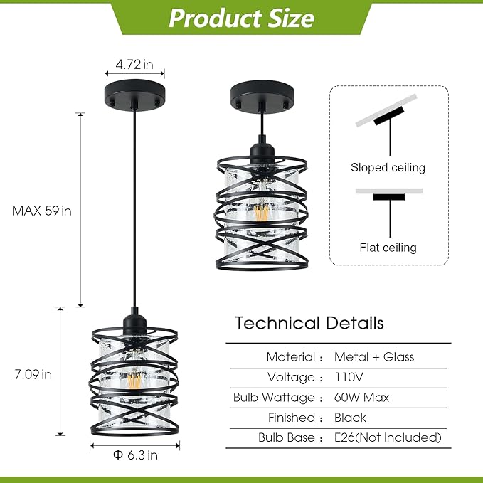1-Pack Pendant Light Fixtures 6.3Inch Black Spiral Kitchen Island Light Modern Metal Cage Handblown Seeded Glass Ceiling Hanging Light Adjustable Cord for Dining Room Foyer Hallway, E26