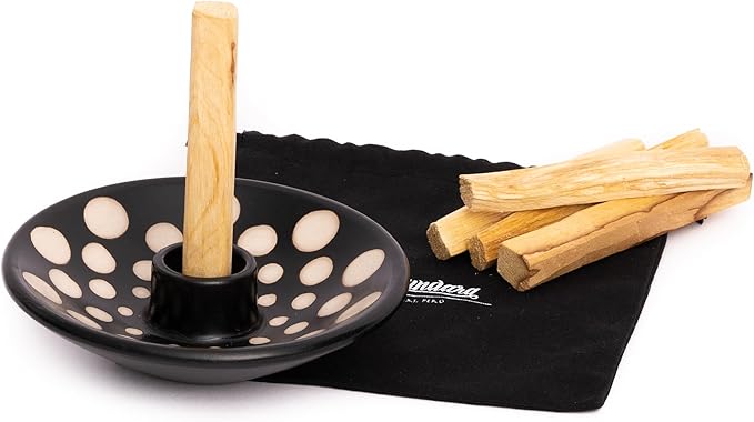 Luna Sundara Authentic Peru Pottery Palo Santo Stick Holder and Incense Holder with 5 Palo Santo Sticks Handmade Ceramic Smudge Bowl Sage Holder Black and White Polka Gift Set