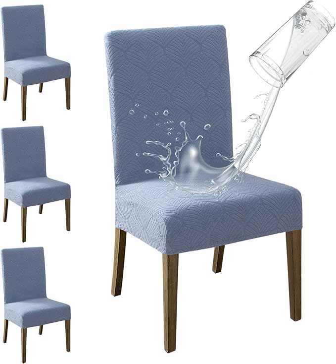 MOSAYT 100% Waterproof Dining Room Chair Covers Set of 4, Super Fit Stretch Jacquard Parson Chairs Slipcovers Removable Washable Chair Seat Protectors for Home, Kitchen, Banquet (Light Blue)