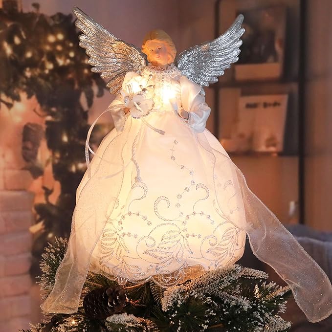 Vigdur Christmas Angel Tree Topper - 13Inch Lighted Angel Christmas Tree Topper Plug-in with LED Lights, Elegant Angel Christmas Decorations for Home Holiday Party Wedding Xmas Gifts