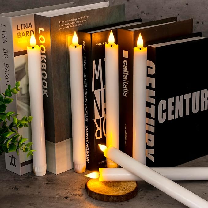 Homemory 6 Pcs Wax Flameless Taper Candles with Remote Timer and Dimmer, White Candle Sticks Battery Operated, LED Window Candles with Flickering Light, 9.6 Inches for Wedding Home Indoor Decoration