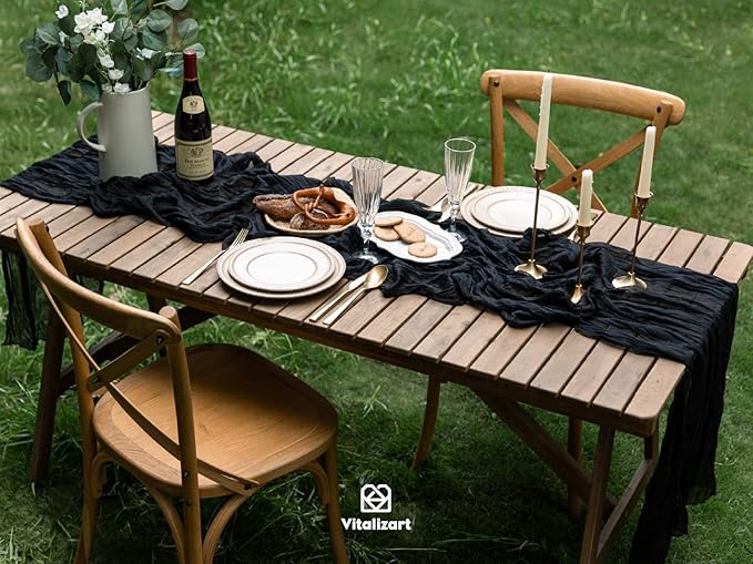 Vitalizart Cheesecloth Table Runner 10ft Gauze Boho Rustic Black Cheese Cloth Table Runner for Wedding Bridal Shower Fall Thanskgiving Decoration 120 Inches