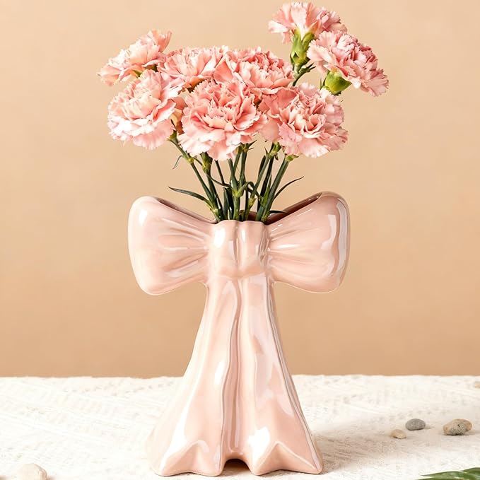 Bow Vase Pink Vase Ceramic Cute Decorative Flower Tulip Farmhouse Dazzling Modern Home Decor Pampas Grass for Table Bathroom Shelf