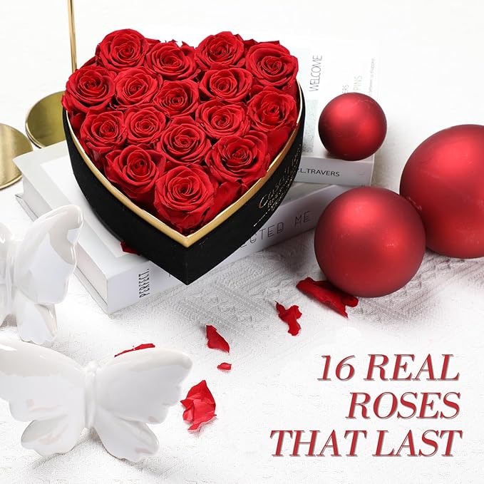 Preserved Roses Flowers for Delivery 16 Pcs, Forever Flores in Heart Box with Necklace, Eternal Rose Anniversary Birthday Gift for Women Wife Girlfriend, Rosas for Valentines Christmas, Red