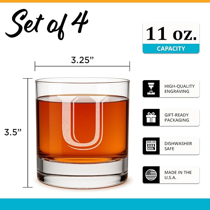 Monogrammed Gifts for Men - 4PC 11 Oz Custom Whiskey Glasses (U-Monogram) - Engraved Whiskey Glasses - Personalized Whiskey Glasses - Unique Bourbon Glasses - Personalized Glass Gifts for Dad