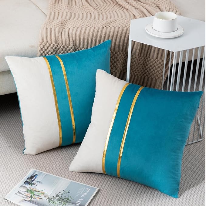 ZLINA Set of 2 Velvet Decorative Throw Pillow Covers Lake Blue White Patchwork with Gold Leather Pillow Covers 22 × 22 Inch Cushion Covers Decor Living Room Sofa Bedroom Car