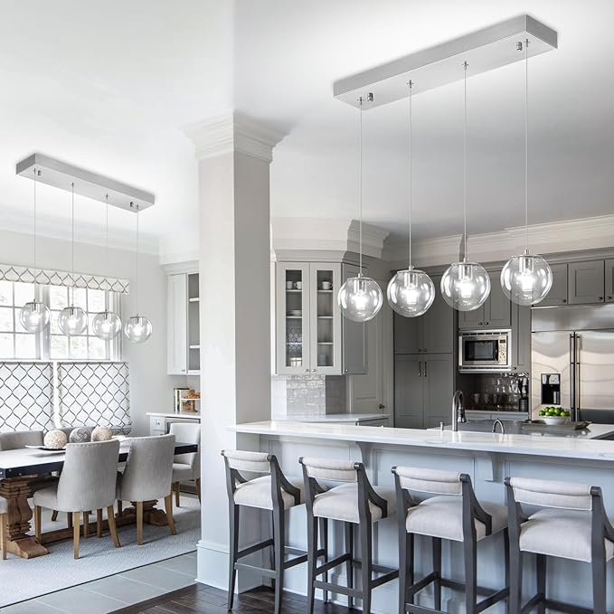 Modern Kitchen Island Lighting Linear Chandeliers for Dining Room 4-Light Glass Globe Hanging Pendant Light for Living Room Hallway Bedroom