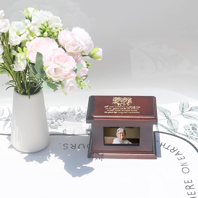 5.5 Inches Small Wood Urns for Ashes, Funeral Memorial Urns with Photo Frame, Small Urns Keepsake Wooden Urns Box and Casket, Picture Frame Keepsakes Urns for Human/Pet Ashes-Tree