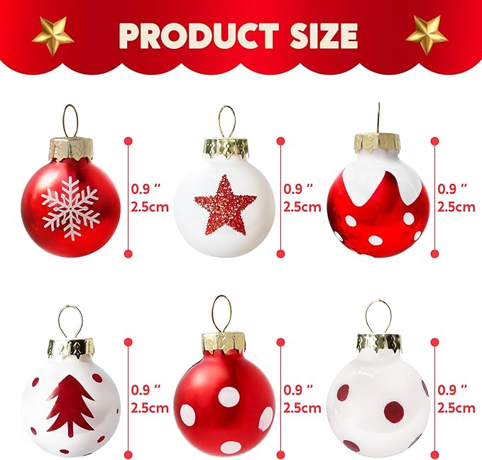 Joiedomi 36 Pcs Christmas Mini Ball Ornament Set, Metalic Glass Small Balls with Glitter Prints & Rope Hangers, Hanging Miniature Ornaments for Christmas Tree, Xmas Glass Party Decor (Red & White)