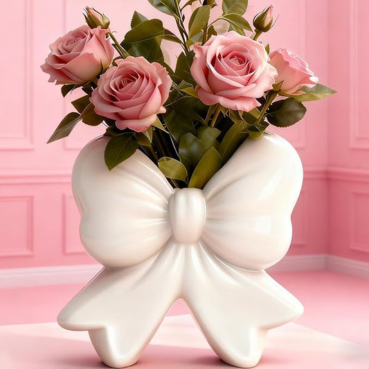 White Bow Vase Ceramic Vase Tulip Cute Decorative Minimalist Farmhouse Flower Vase Modern Home Decor for Table Bathroom Shelf