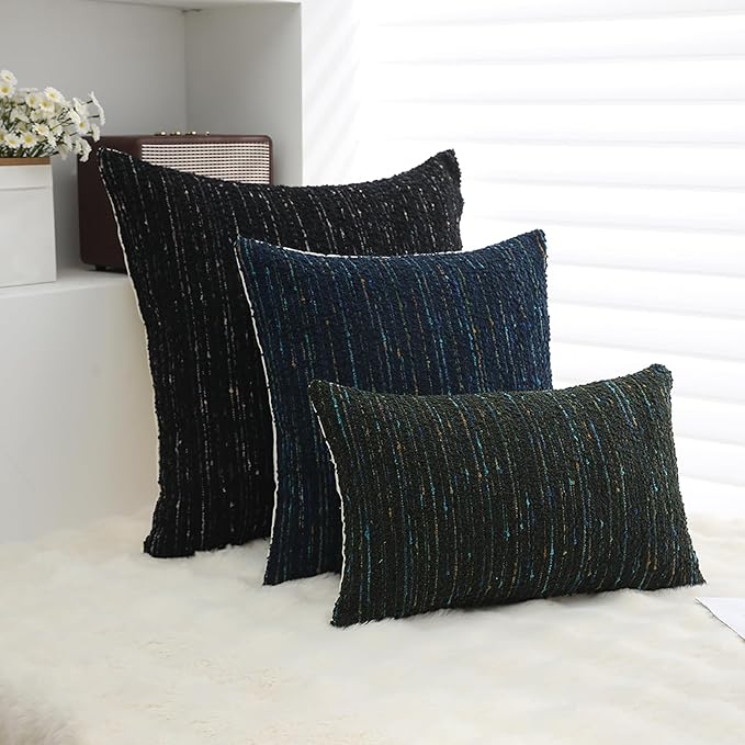 Textured Boucle Pillow Covers 18x18 Neutral Striped Throw Pillows Soft Modern Farmhouse Pillow Cases, 1pc Decorative Accent Square Couch Cushion Cover for Bed Chair Living Room, Black