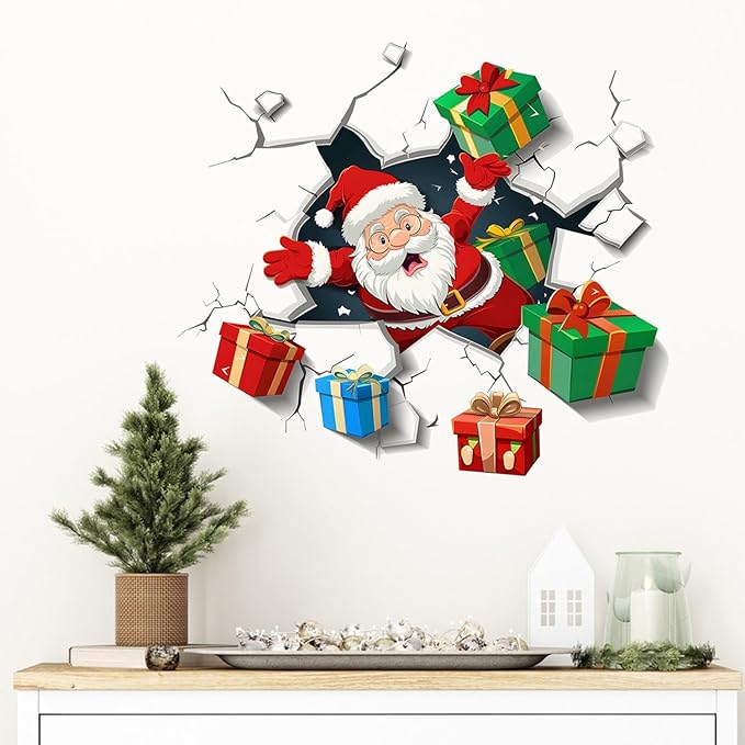 Santa Wall Decal for Christmas | Peel and Stick Holiday Decoration with Crack Effect & Gift Boxes – Removable Vinyl Sticker for Walls, Windows, Office, Party or Storefront Display