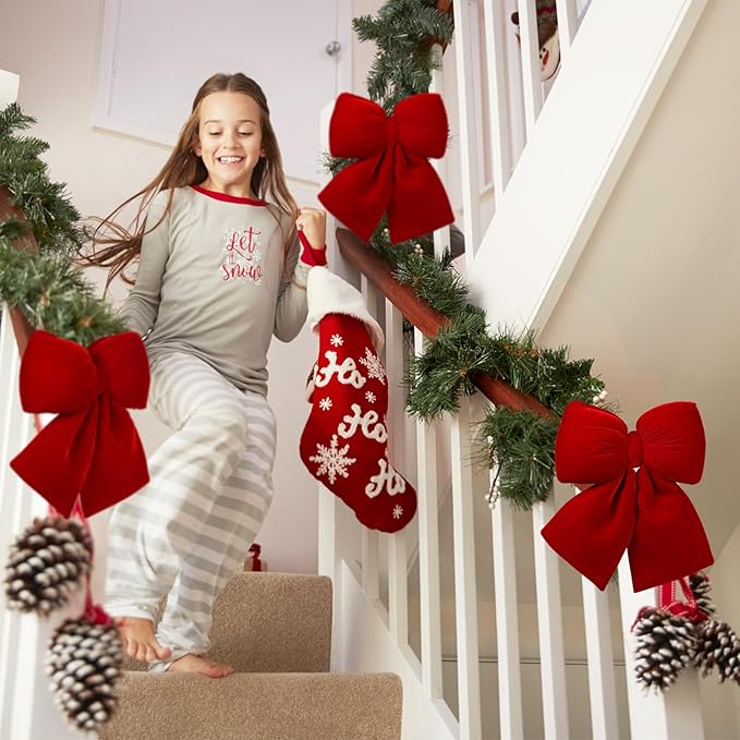 Red Velvet Large Bow Decorations, 2PCS Valentine's Day Christmas Tree Topper Bows Decor, for Home Wreaths Stairs Railing Holiday Wedding Xmas Indoor Outdoor