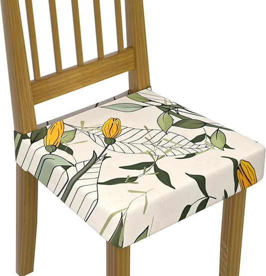 Stretch Dining Chair Seat Covers Set of 6,Dining Chair Slipcovers, Floral Printed Chair Covers,Soft Fabric Washable Upholstered Chair Seat Protector, No Rear Covers for Home Kitchen Dining Room