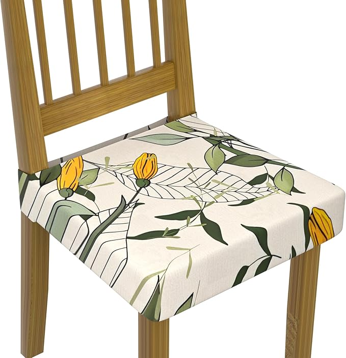 Stretch Dining Chair Seat Covers Set of 4,Dining Chair Slipcovers, Floral Printed Chair Covers,Soft Fabric Washable Upholstered Chair Seat Protector, No Rear Covers for Home Kitchen Dining Room