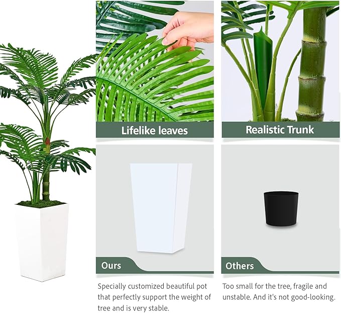 Artificial Palm Tree 5FT - Fake Tree with Tall Planter and Fairy Lights, Large Tropical Palm Faux Tree, Fake Plants for Indoor Outdoor Living Room Outside Patio Office Home Decor
