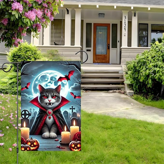 Halloween Garden Flag 12×18 Inch – Vampire Cat with Cape, Full Moon, Pumpkins and Bats, Spooky Outdoor Flag for Yard Porch Garden Halloween Decorations