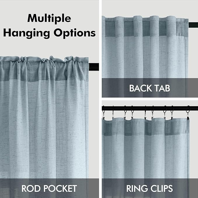 ANRODUO Blue Linen Curtain 96 inch Length for Living Room Back Tab Semi Sheer Linen Drapes Stone Blue Modern Boho Country Rustic Window Treatment for Dinning Room Bedroom 96 inches Long 2 Panels Set
