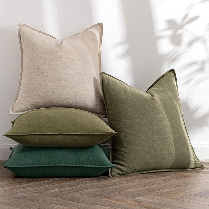 MIULEE Neutral Green Linen Pillow Covers Pack of 4 Christmas Decorative Natural Throw Pillow Covers Soft Accent Boho Farmhouse Couch Pillowcases Modern Home Decors for Living Room Bed Sofa 24x24 Inch