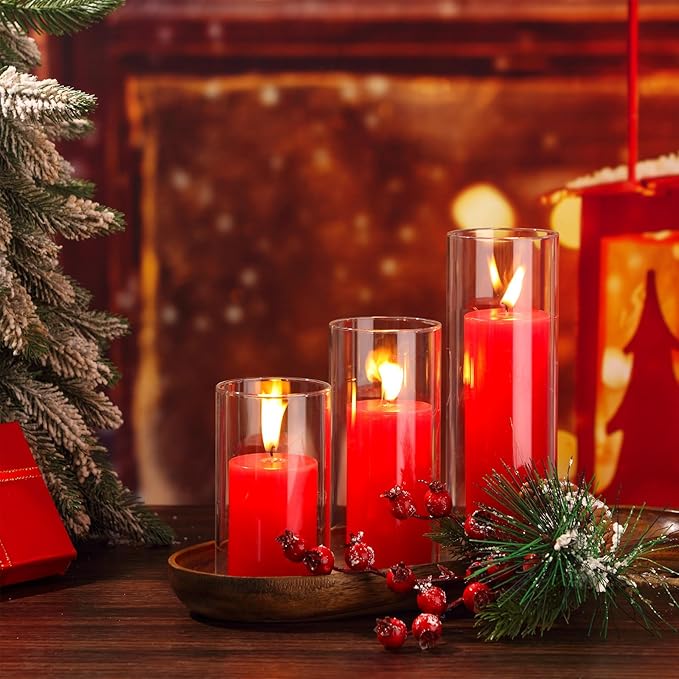 Shihanee Set of 3 Pillar Candles and 3 Glass Cylinder Candle Vases Holders Clear Pillar Jars for Wedding Centerpieces(2.6'' X 4.7'', 5.9'', 7.9'',Red)