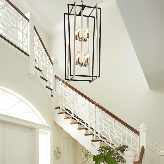 WJShome 8-Light Modern Chandelier, Farmhouse Foyer Lighting Fixtures, Chandeliers for High Ceilings, Black and Silver Lantern Pendant Light Fixtures, for Staircase, Entryway Hallway