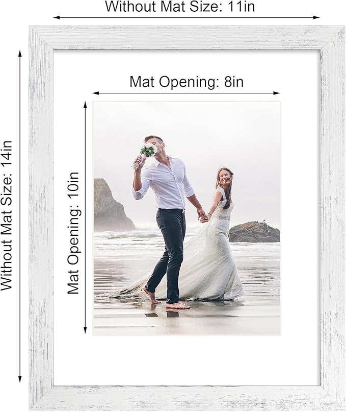 iRahmen 11x14 Picture Frame Set of 4 with Tempered Glass, Distressed White Frame Display 8x10 Picture with Mat or 11 x 14 Without Mat, Wood Rustic Photo Frames for Horizontal or Vertical Wall Mounting