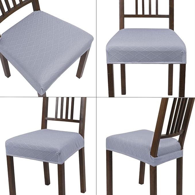 SearchI Stretch Dining Chair Seat Covers Set of 4, Soft Washable Seat Covers for Dining Chairs, Dining Room Seat Cover Protector (Rear-Covered, Check Jacquard Light Grey)
