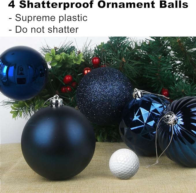 4Pcs Christmas Balls Ornaments for Xmas Tree - Shatterproof Christmas Tree Decorations Medium Hanging Ball Navy Blue 4.0in x 4 Pack