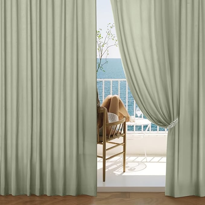EMEMA Non-See-Through Sheer Curtains 72 Inches Long, Light Filtering Semi Privacy Sheer Curtains for Living Room Bedroom, Window Drapes That Let Light in, 52x72 Inch, 2 Panels, Sage