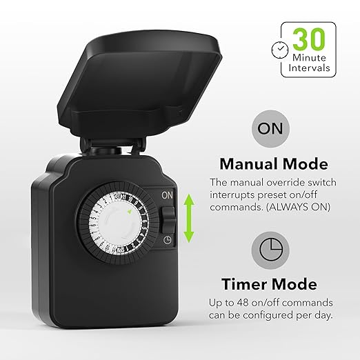 BN-LINK 24-Hour Mechanical Outdoor Light Timer, Waterproof, Heavy Duty, 15A 1/2HP, 1 Grounded Timer Outlet for Home and Garden