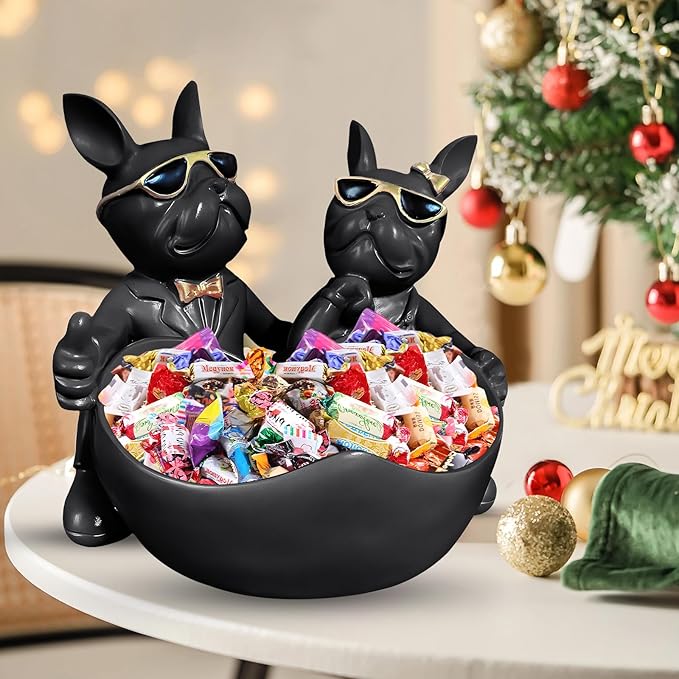 Bulldog Candy Bowl Decor,Heart-shaped Key Holder Bowl Candy Dish, Bulldog Lovers Accessories, Resin Bulldog Statue for Office Desk Home Decor Figurines Entryway Table Decor（Black）