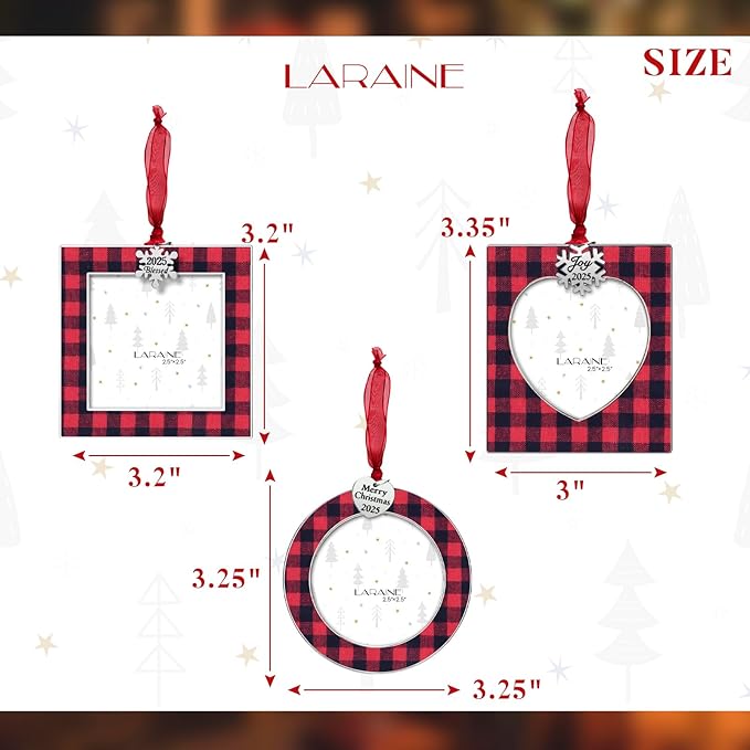 Laraine Christmas Tree Ornaments 3 Pieces – Decorative Hanging 2025 Plaid Pendant with 2.5” Picture Frame Insert Pet Holiday Keepsake Gift (Plaid-Red&Black (2025))