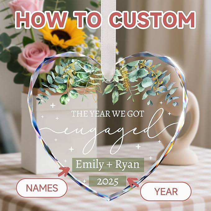 Engagement Ornament 2025 - Engagement Gifts for Couples - Personalized Engaged Ornament for Xmas Tree, Women, Fiance, Her - Bride to Be Gifts, Crystal Glass Engagement Christmas Ornaments