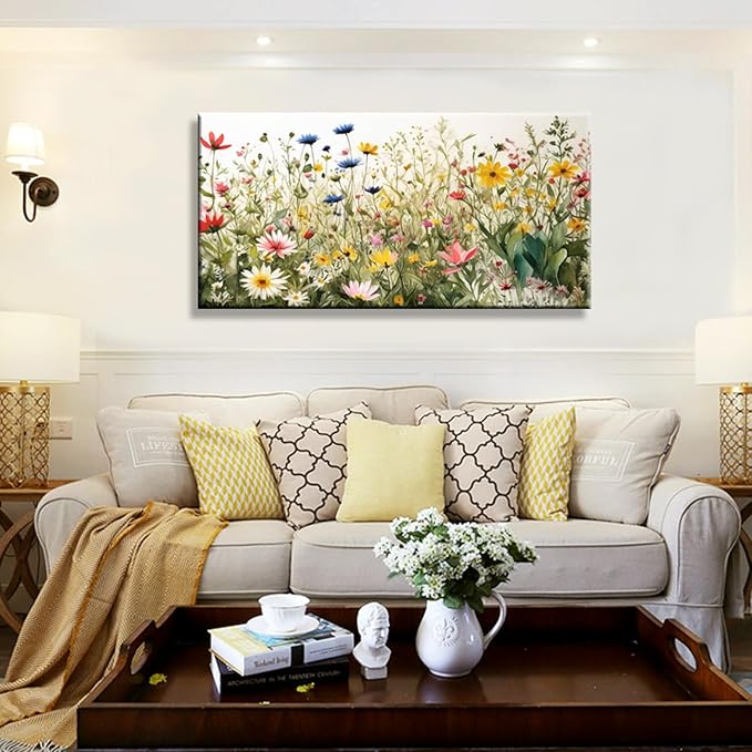 KZKU Watercolor Floral Botanical Prints Wildflower Pictures Wall Decor Colorful Plant Paintings Canvas Prints 30" x 58" Wall Art for Living Room Bedroom Office Home Decor Ready to hang