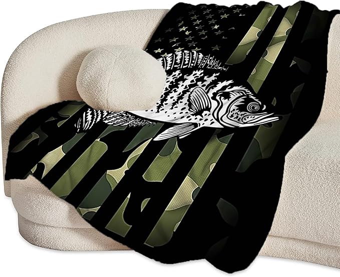 Fishing Blanket Camo American Flag Throw Blankets Plush Cozy Flannel Fleece Ultra Soft Fuzzy Fish Blanket Gifts for Girls Women Men Boys Kids Bed 60"X50"
