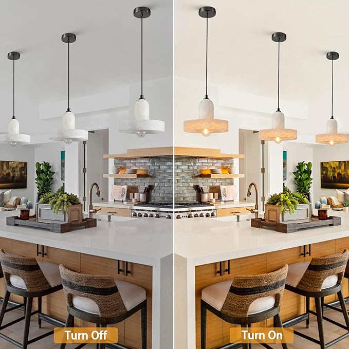 Alabaster Pendant Light for Kitchen Island, Modern Brass Hanging Light Fixture with Natural Alabaster Stone Shade, Adjustable Pendant Lighting Over Sink, Dining, Bar, Counter - 1 Pack