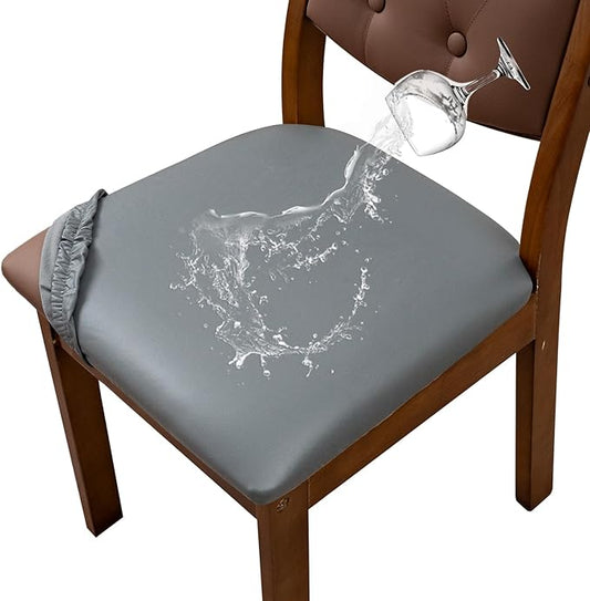 Waterproof PU Leather Seat Covers for Dining Room Chairs Set of 6, Stretch Dining Chair Slipcovers, Kitchen Chair Seat Covers, Non-Slip & Washable (Dark Gray)