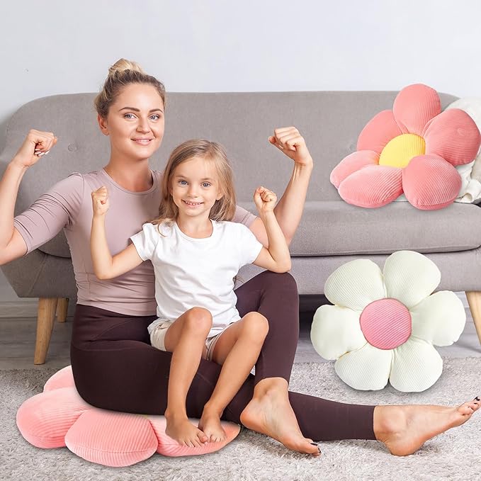 Reginary 4 Pcs Flower Floor Pillows Cute Plush Flower Throw Pillows Daisy Floor Seat Cushion Chair Pads for Christmas First Day of School for Sofa Couch Bed Decor(15 Inch,Light Color)