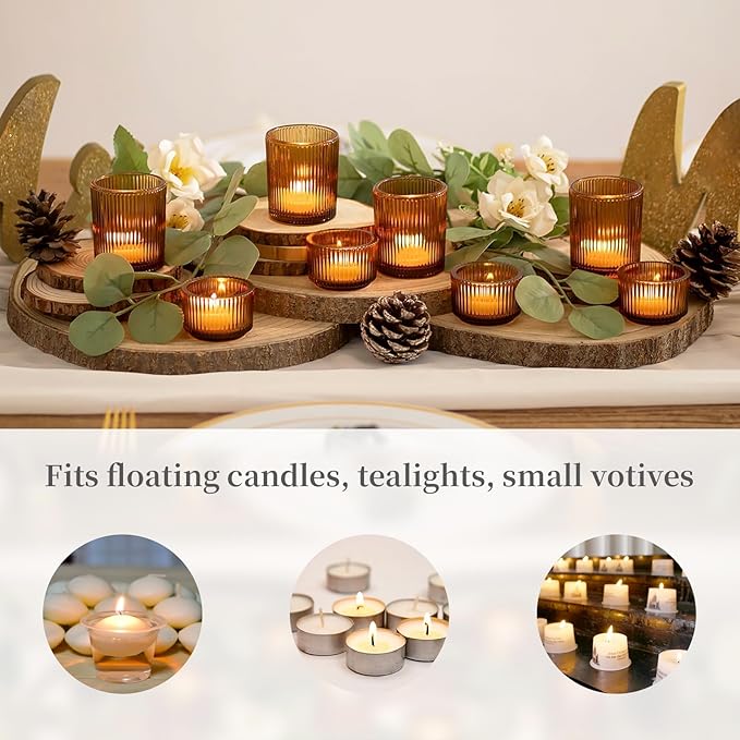 Hewory Glass Tealight Candle Holder: 24 Pcs Amber Votive Candle Holders Tea Lights Candle Holder, Ribbed Tea Light Holders Fall Decorations for Thanksgiving Table Centerpiece Wedding Party Home Decor