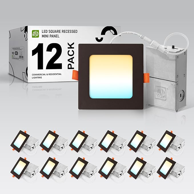 ASD 12 Pack LED Square Recessed Lighting 4 Inch, 5 CCT 2700K-5000K, 12W 50W Eqv, Ultra Thin Dimmable Ceiling Lights with J Box, Canless Wafer Downlight, Slim Panel, UL Energy Star, Oil-Rubbed Bronze