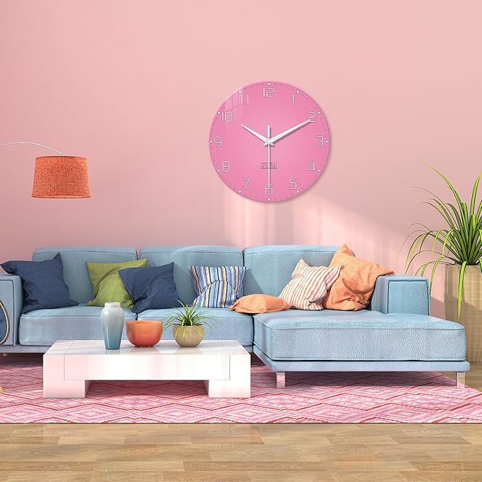XNM Decorative Wall Clocks for Living Room Girls Pink Large Wall Clocks Battery Operated 20 Inch Glass Wall Clock Silent