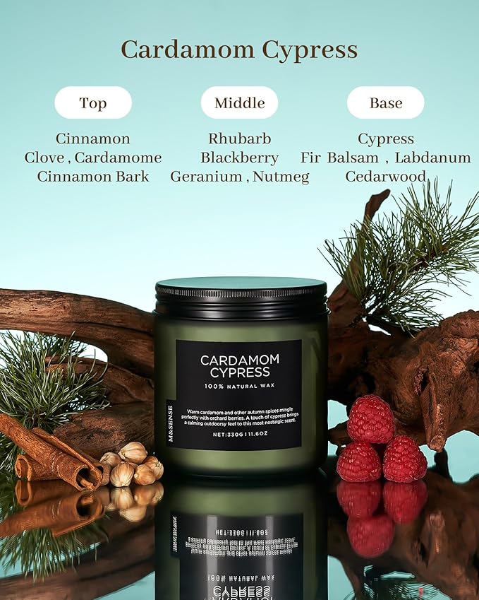 M&SENSE Spice Cardamom Cypress Large Soy Candles for Home Scented 2 Wick Large Soy Natural Candles 11.6oz 70 Hours Long Lasting Slow Burning, Christmas Holiday Woody Scented Winter Gifts
