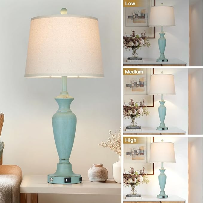 30" Tall Metal Table Lamps Set of 2, Touch Control Bedside Lamps for Bedroom Nightstand, 3-Way Dimmable Farmhouse Lamp for Living Room with Charging Ports, Retro Blue (2 LED Bulbs Included)