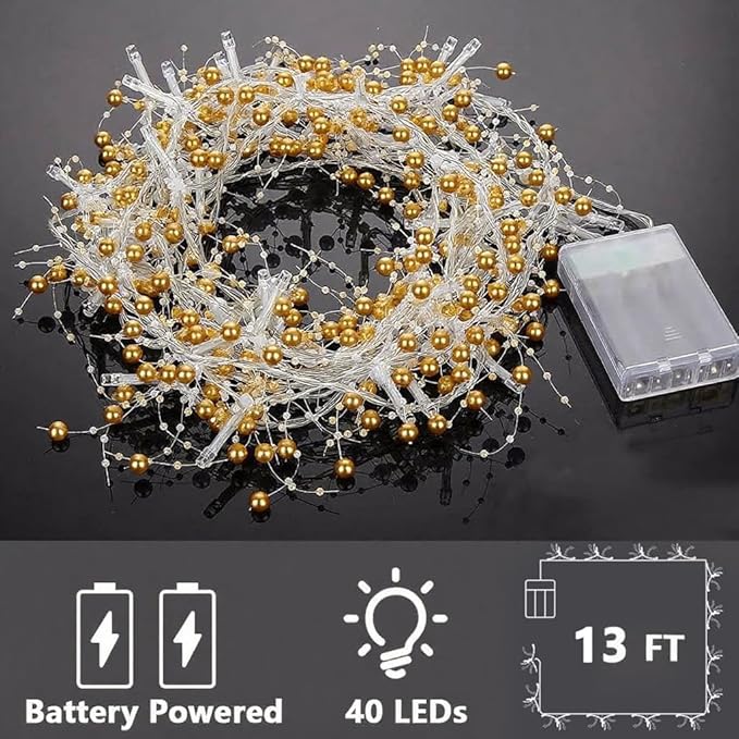OVV Christmas Decorations 13FT Pearl Garland String Lights 40LED Festive Lighted Berry Beaded Indoor Xmas Decor Warm Lights for Bedroom Mantel Wedding Party Battery Operated (Golden)