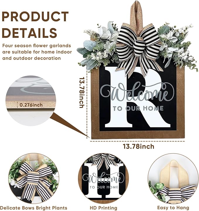 Ultra Large 14'' Last Name All Year Round Front Door Wreath with 26 Initial Letter Welcome Sign All Seasons Eucalyptus Garland and Bow Wreaths for Front Door Porch Farmhouse Decoration (R)