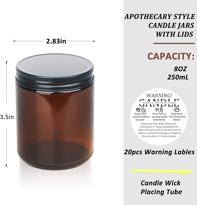 MILIVIXAY 20 Pack 8 OZ Thick Glass Dark Amber Candle Jars with All Black Metal Lids-Bulk Empty Candle Jars for Making Candles-Canning Jar for Spice, Liquid, Sample- Dishwasher Safe.